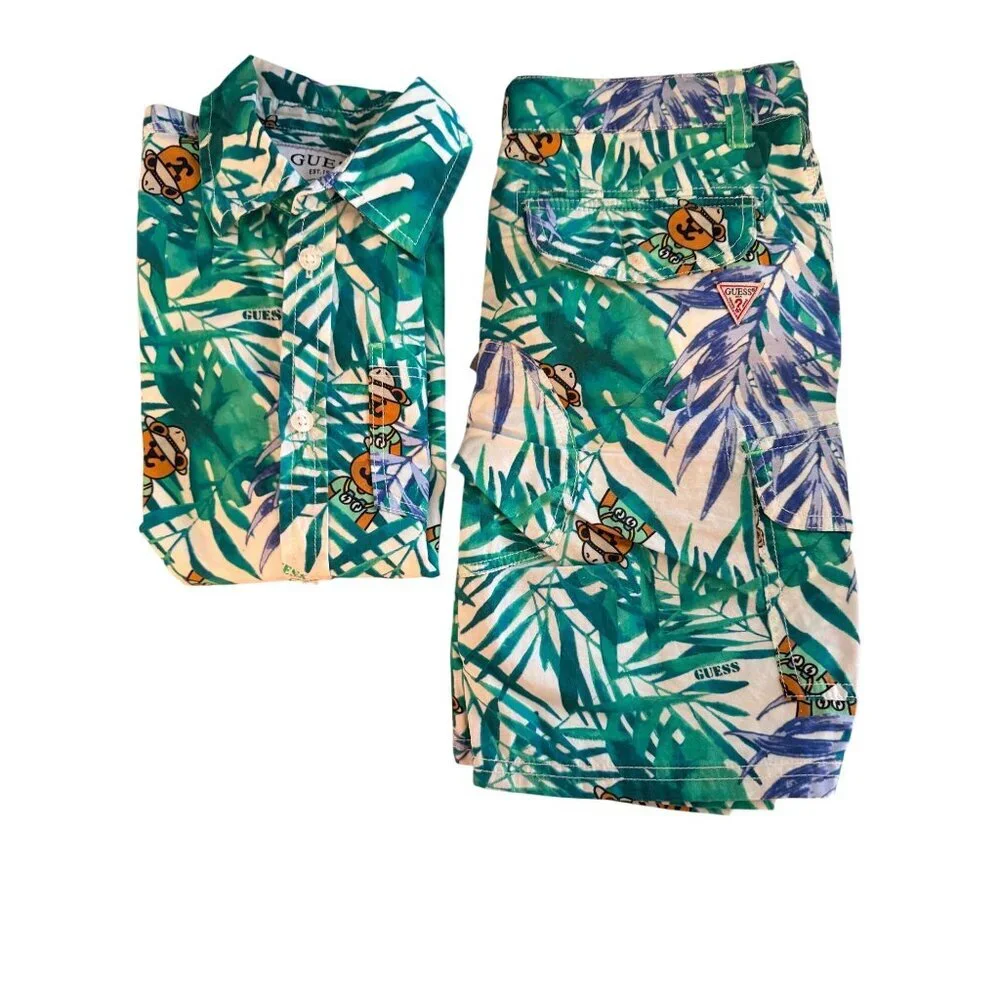 Guess Boys Size 6 Green Tropical Teddy Bear Cargo Short And Shirt Set Casual